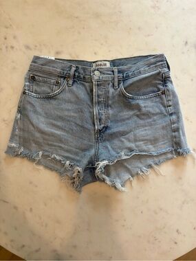 Agolde Faded Light Blue Frayed Hem Jean Shorts